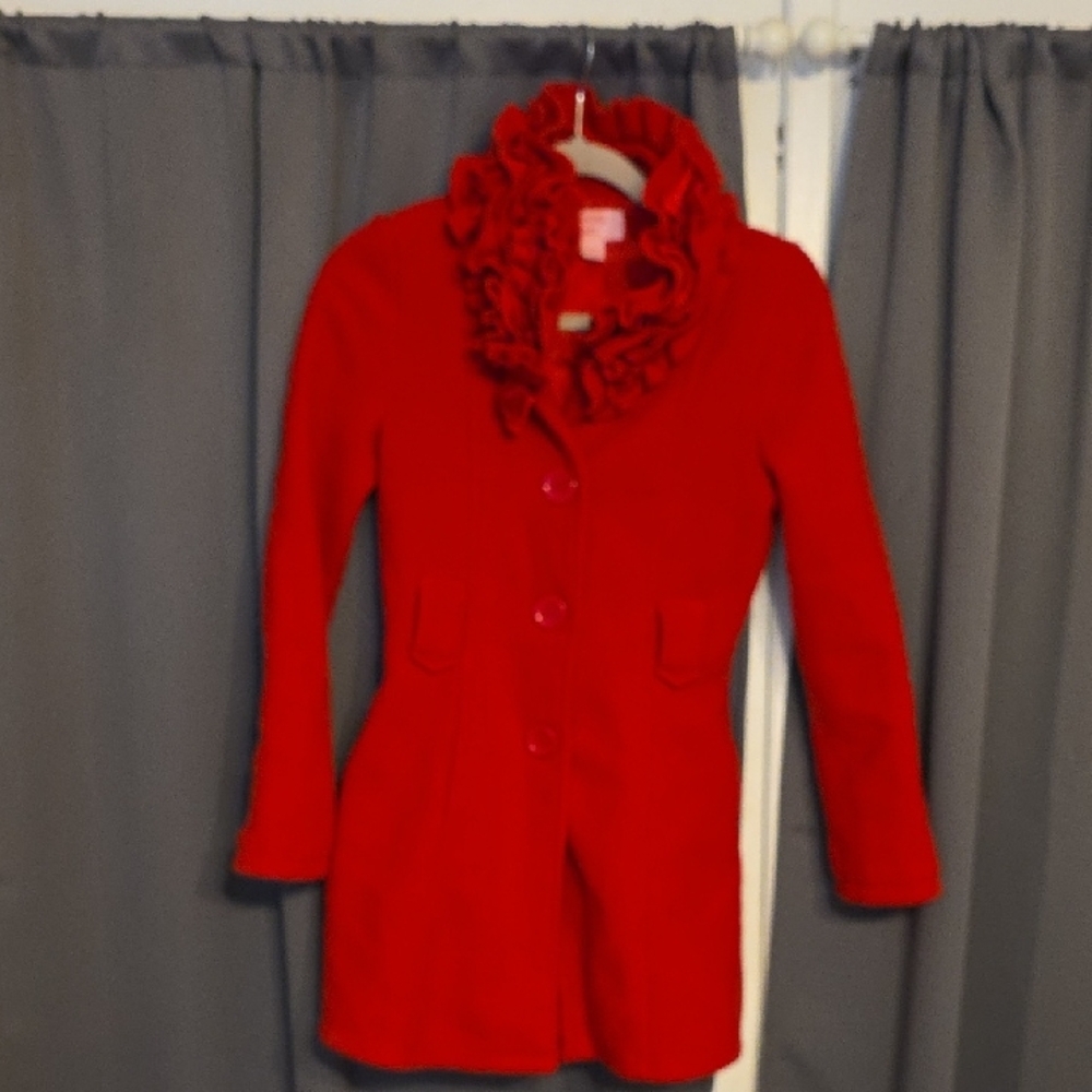 Copper Key Girl's Red Coat‎ Ruffled Collar Fleecey Buttons Pockets NO BELT 10/12